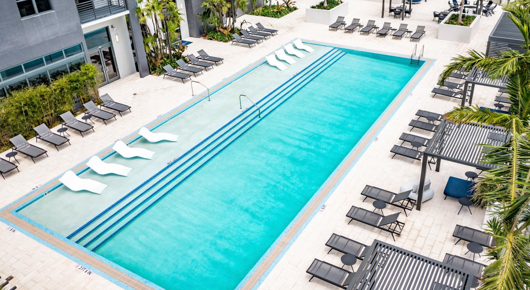 pool with seating and palm trees by a building